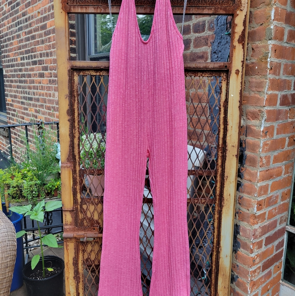 Pink deep V cotton on halter jumpsuit